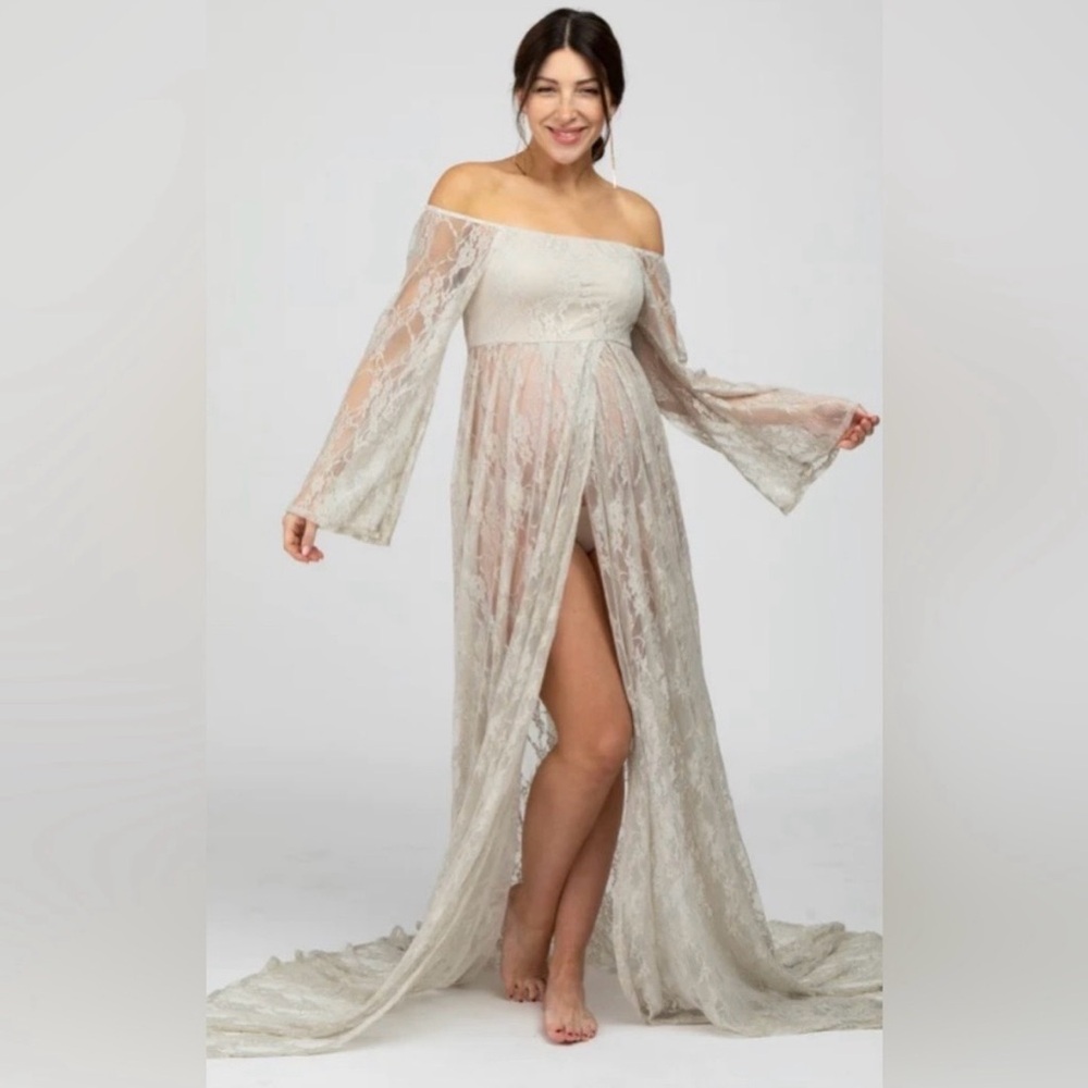 Pinkblush Maternity Off-Shoulder Long Sleeve Lace Gown in Ivory